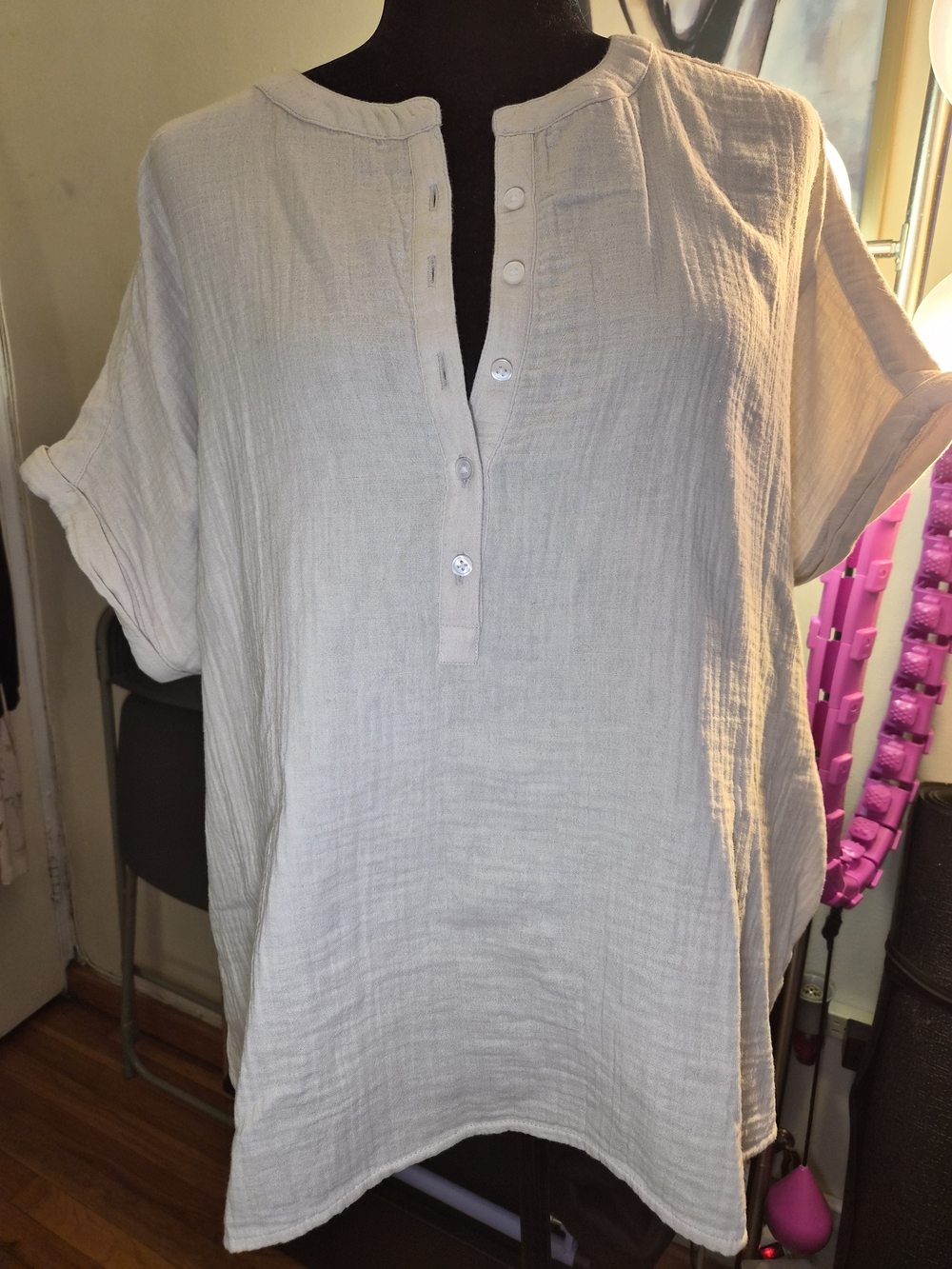 Women's Lightweight Cream Button Henley Shirt